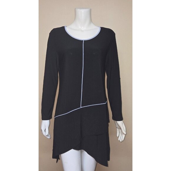 By JJ Black with White trim Stretch Asymmetric Tunic Top Blouse Size SMALL NEW - Picture 1 of 8